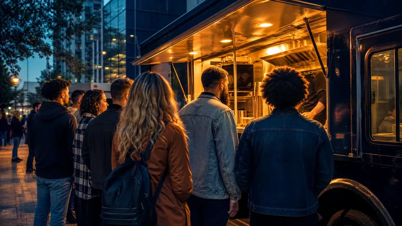 Customers lining up at a food truck window, How to Start a Food Truck in North Dakota