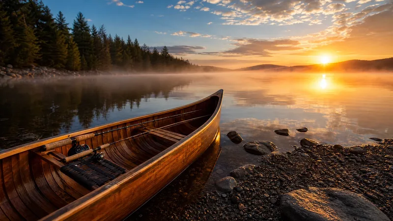 Wooden canoe with fishing rods on a misty lake shore at sunrise, How to Start a Hunting or Fishing Outfitter Business in North Dakota
