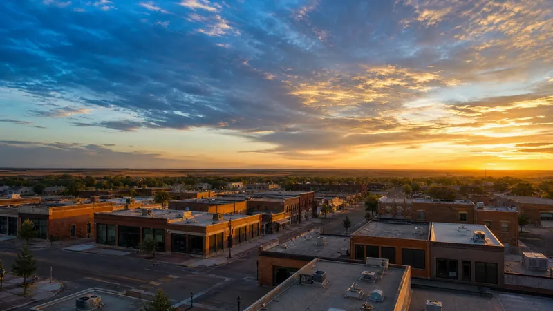 Flat Red River valley city downtown of low brick storefronts under a huge prairie sky, soft golden light, Fargo and West Fargo Business License