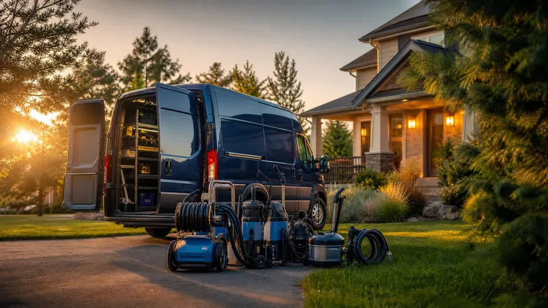 Service van and equipment outside a suburban home, How to Start a Pesticide Application or Pest Control Business in North Dakota