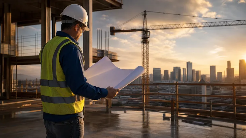 Contractor reviewing blueprints at a jobsite, How to Start an HVAC Business in North Dakota